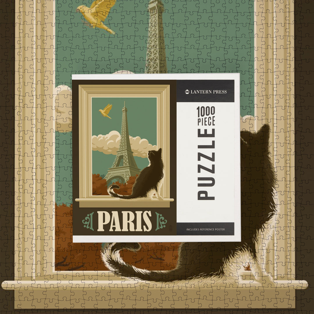 Paris, France, Eiffel Tower and Cat Window, Jigsaw Puzzle Puzzle Lantern Press 