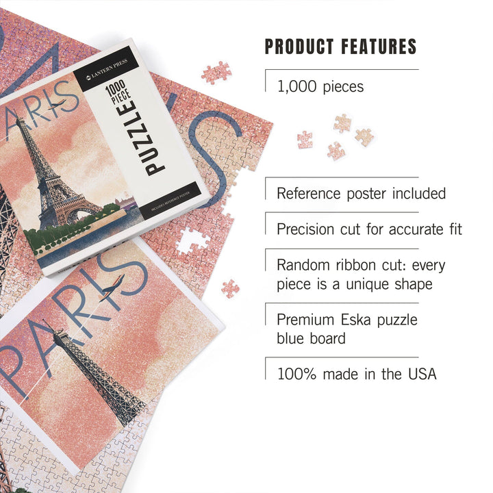 Paris, France, Eiffel Tower and River, Lithograph Style, Jigsaw Puzzle Puzzle Lantern Press 