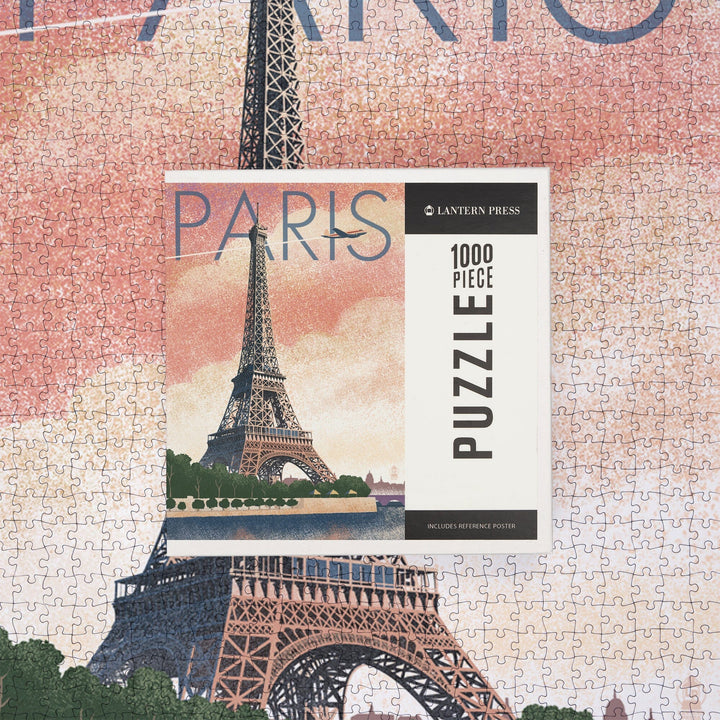 Paris, France, Eiffel Tower and River, Lithograph Style, Jigsaw Puzzle Puzzle Lantern Press 