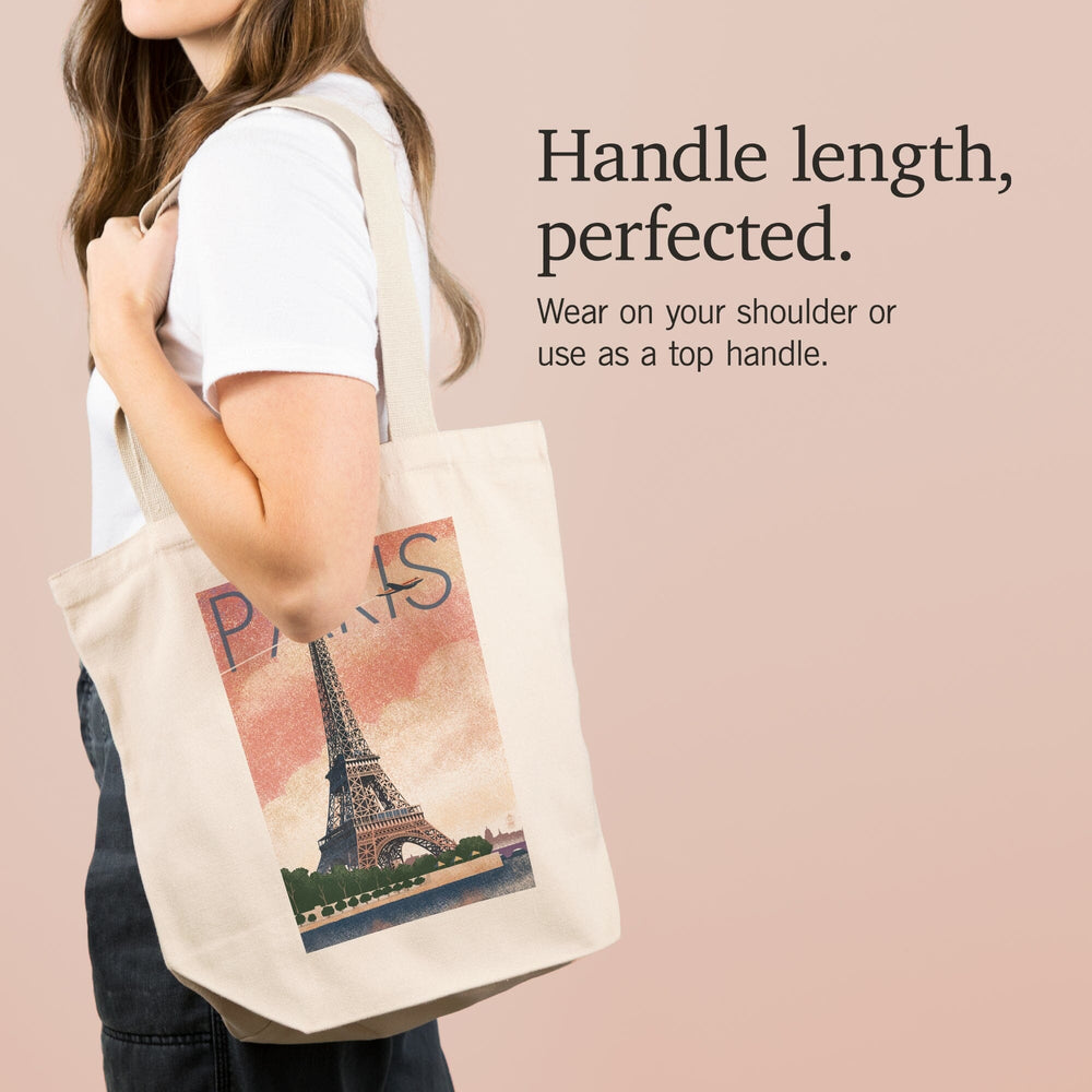 Paris, France, Eiffel Tower and River, Lithograph Style, Tote Bag Totes Lantern Press 