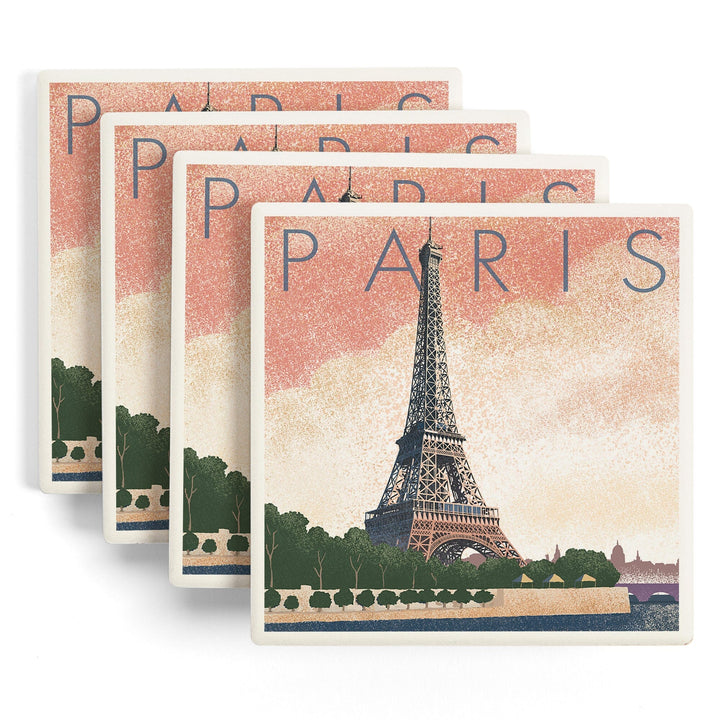 Paris, France, Eiffel Tower & River, Lithograph Style, Lantern Press Artwork, Coaster Set Coasters Lantern Press 