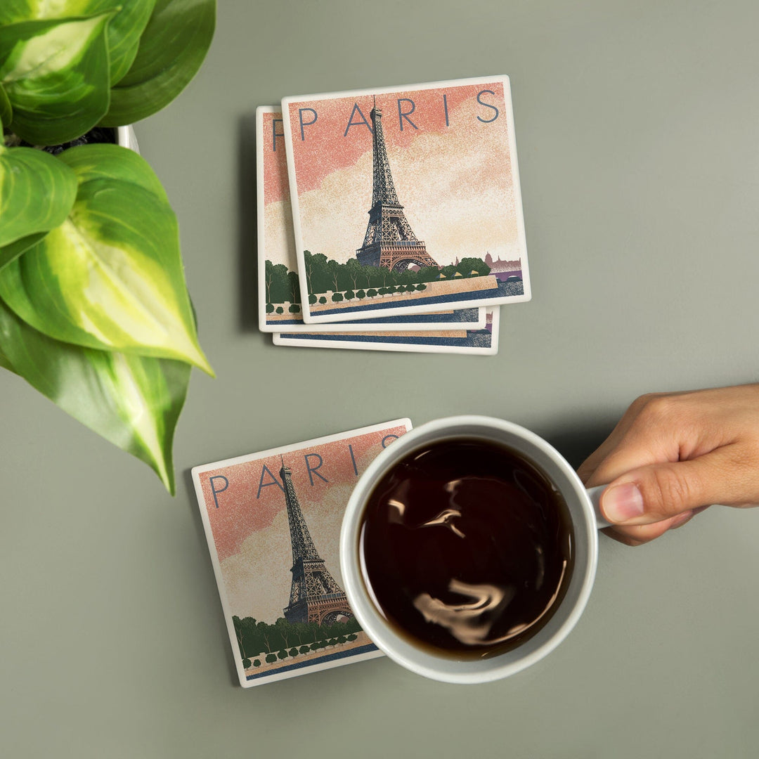 Paris, France, Eiffel Tower & River, Lithograph Style, Lantern Press Artwork, Coaster Set Coasters Lantern Press 