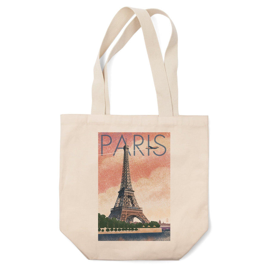 Paris, France, Eiffel Tower & River, Lithograph Style, Lantern Press Artwork, Tote Bag Totes Lantern Press 