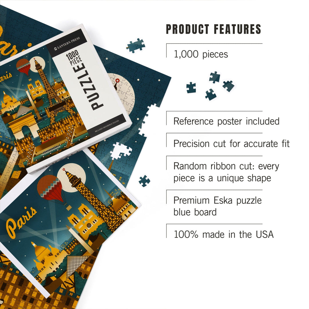 Paris, France, Retro Skyline, Jigsaw Puzzle Puzzle Lantern Press 