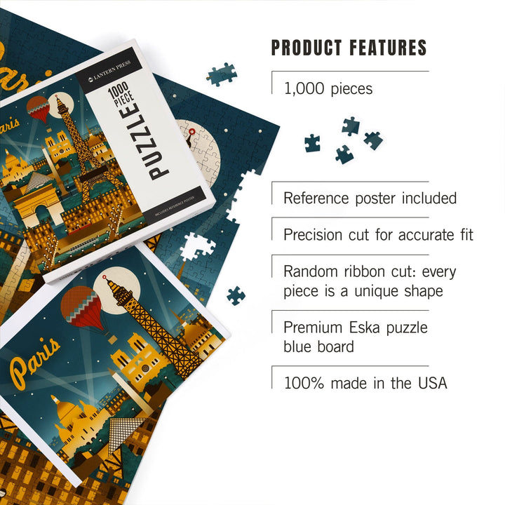 Paris, France, Retro Skyline, Jigsaw Puzzle Puzzle Lantern Press 