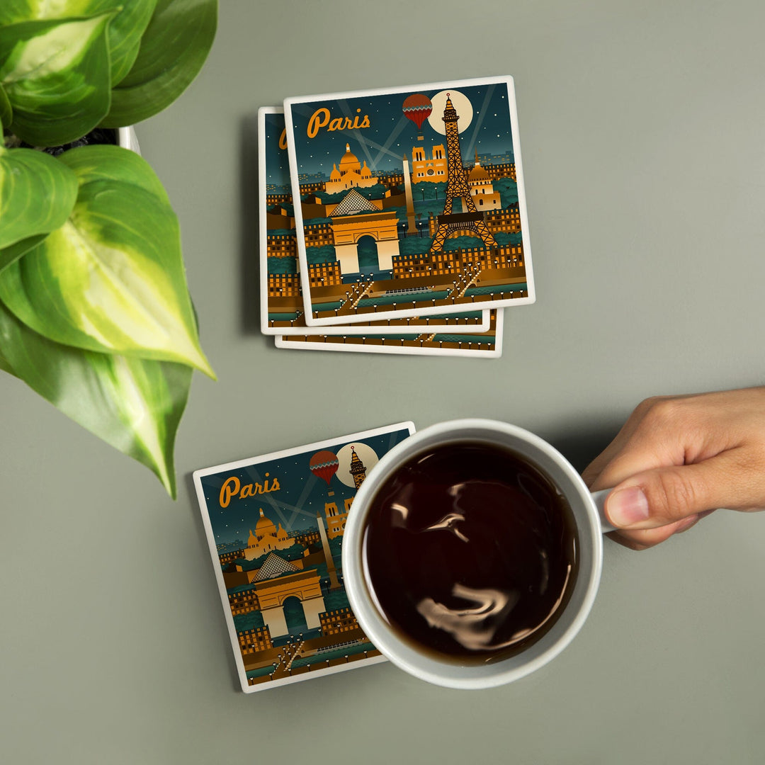 Paris, France, Retro Skyline, Lantern Press Artwork, Coaster Set Coasters Lantern Press 