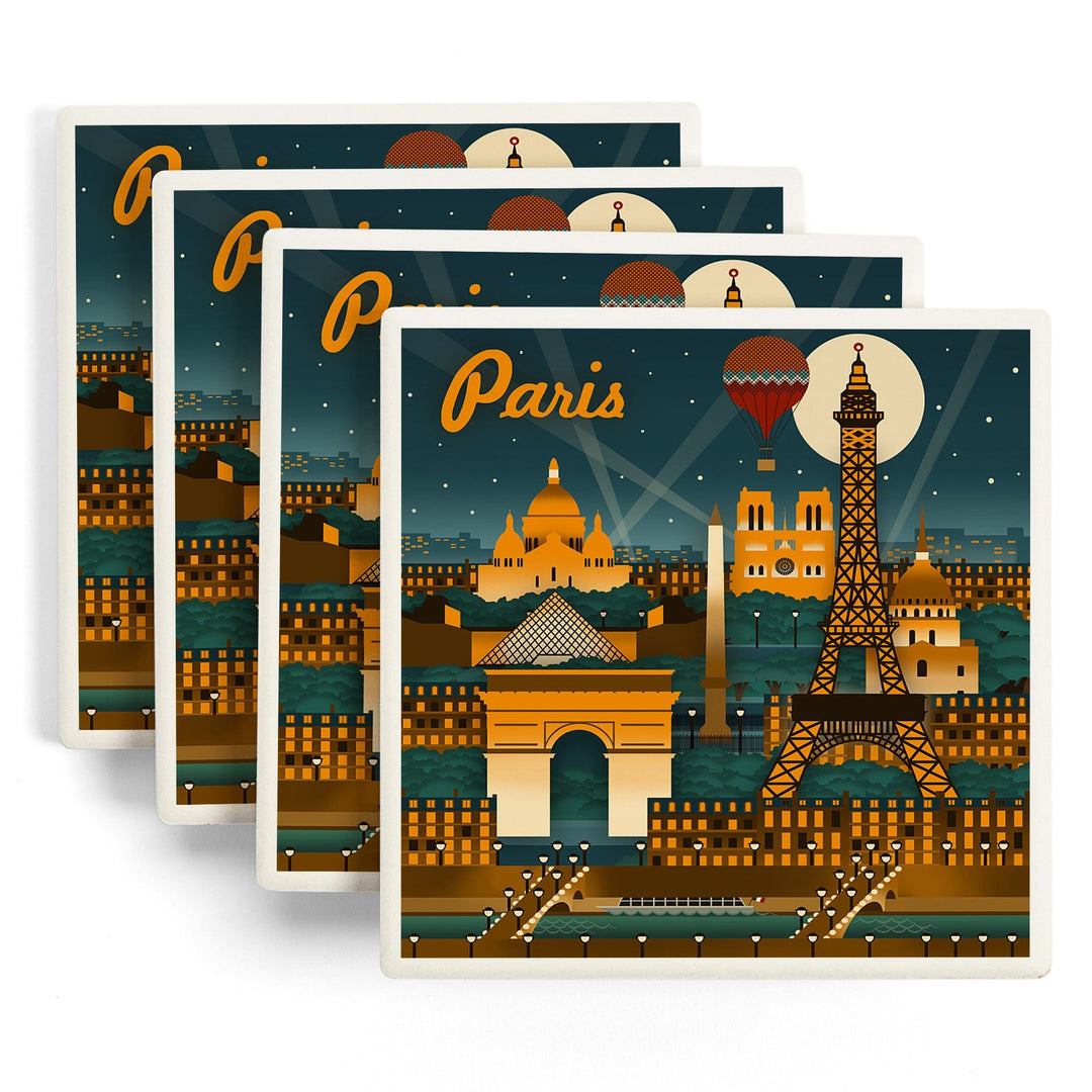 Paris, France, Retro Skyline, Lantern Press Artwork, Coaster Set Coasters Lantern Press 