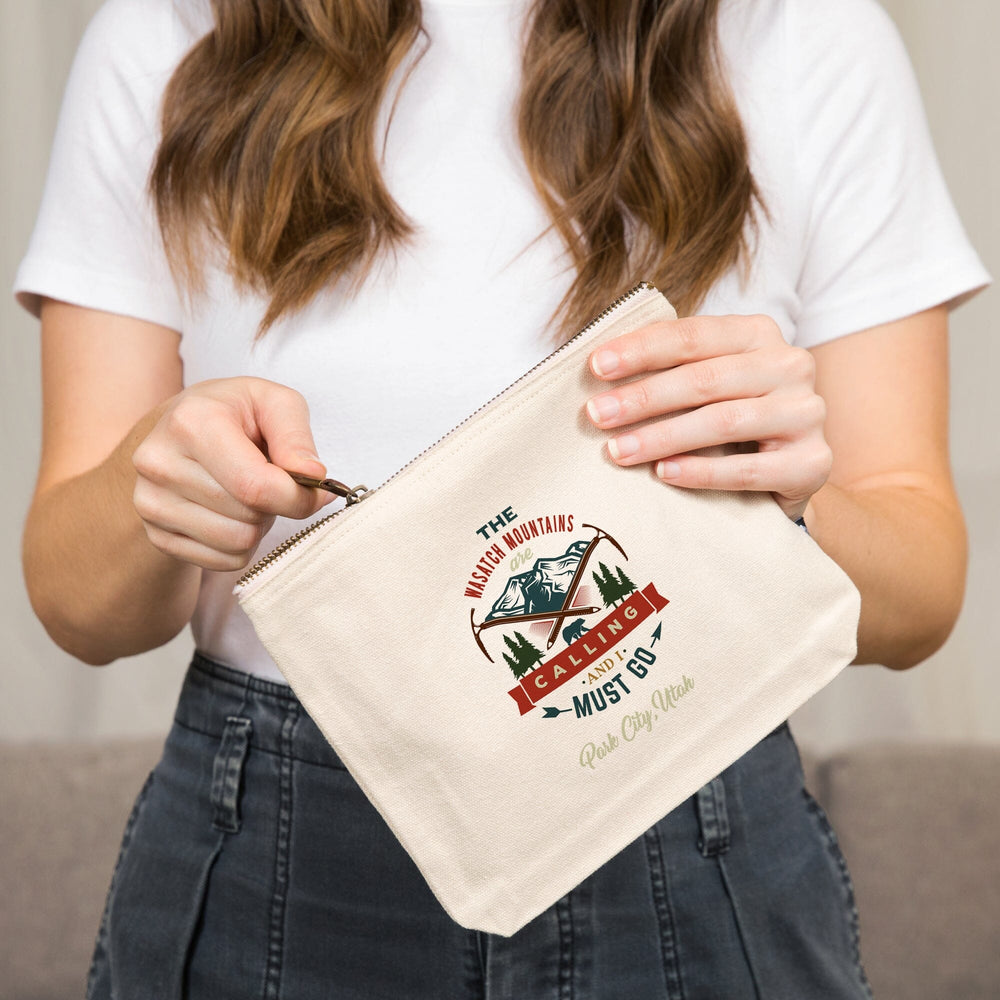 Park City, Utah, The Mountains are Calling, Bear and Mountain,, Organic Cotton Zipper Pouch, Go Bag Go Bag Lantern Press 