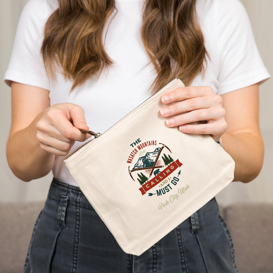 Park City, Utah, The Mountains are Calling, Bear and Mountain,, Organic Cotton Zipper Pouch, Go Bag Go Bag Lantern Press 
