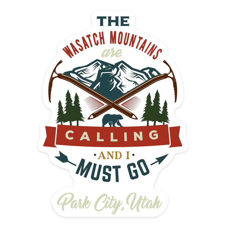 Park City, Utah, The Mountains are Calling, Bear & Mountain, Contour, Lantern Press Artwork, Vinyl Sticker Sticker Lantern Press 