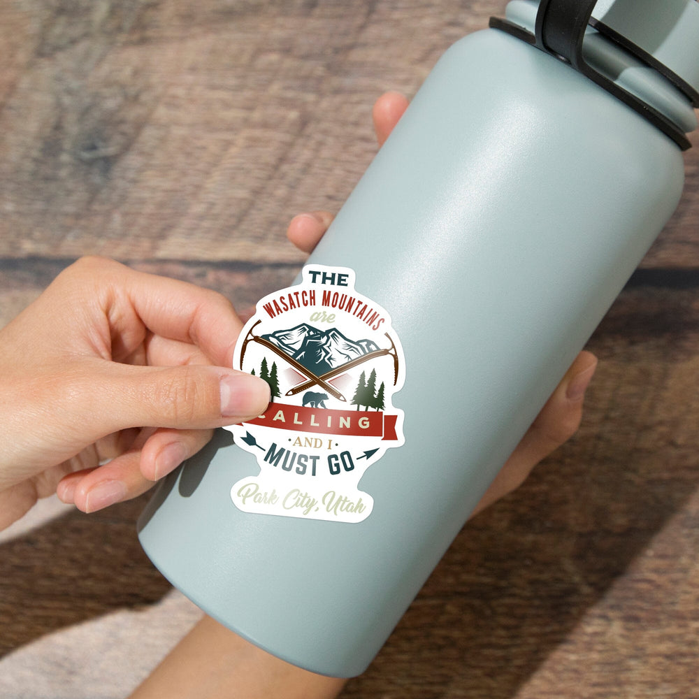 Park City, Utah, The Mountains are Calling, Bear & Mountain, Contour, Lantern Press Artwork, Vinyl Sticker Sticker Lantern Press 