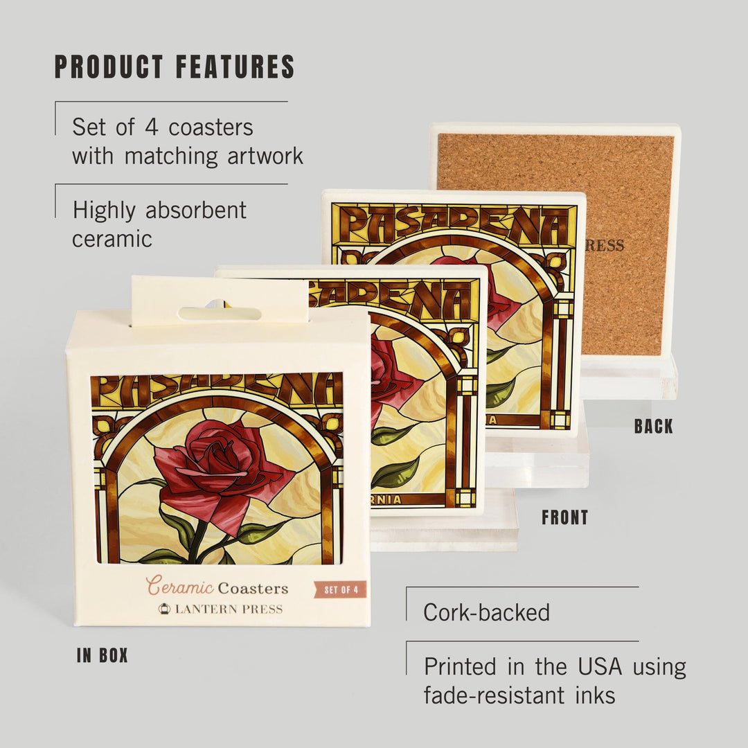 Pasadena, California, Rose Stained Glass, Lantern Press Artwork, Coaster Set Coasters Lantern Press 