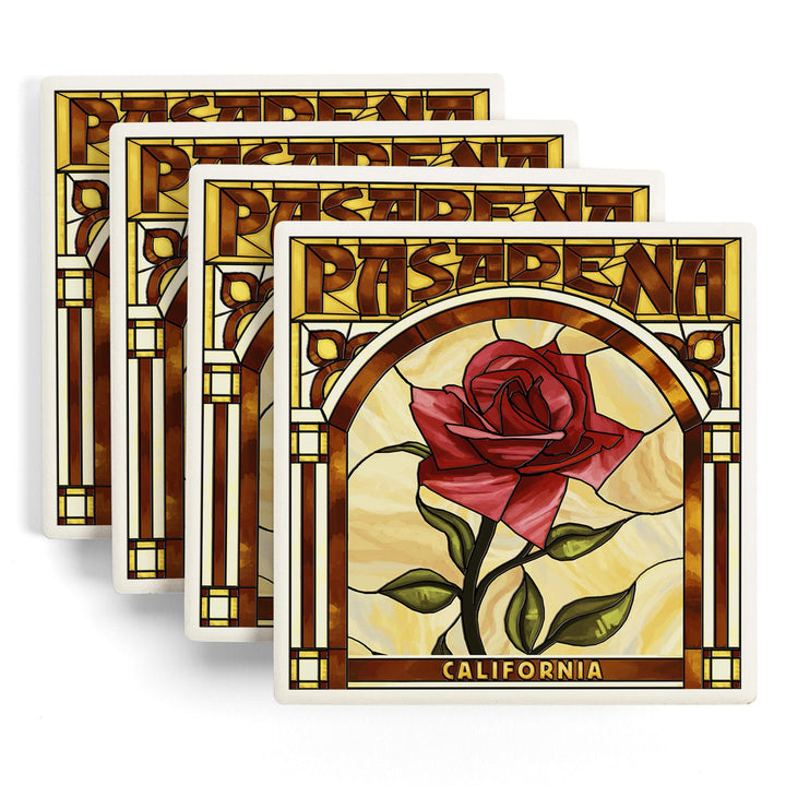 Pasadena, California, Rose Stained Glass, Lantern Press Artwork, Coaster Set Coasters Lantern Press 