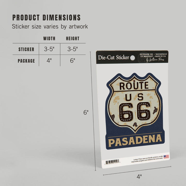 Pasadena, California, Route 66 Letterpress, Contour, Vinyl Sticker Sticker Lantern Press 