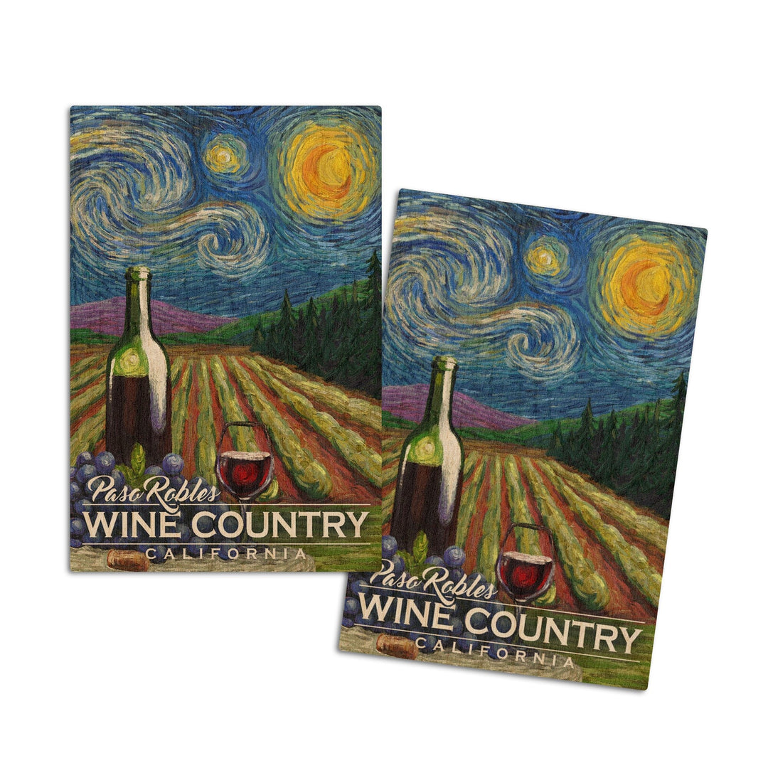 Paso Robles Wine Country, California, Vineyard, Starry Night, Lantern Press Artwork, Wood Signs and Postcards Wood Lantern Press 4x6 Wood Postcard Set 