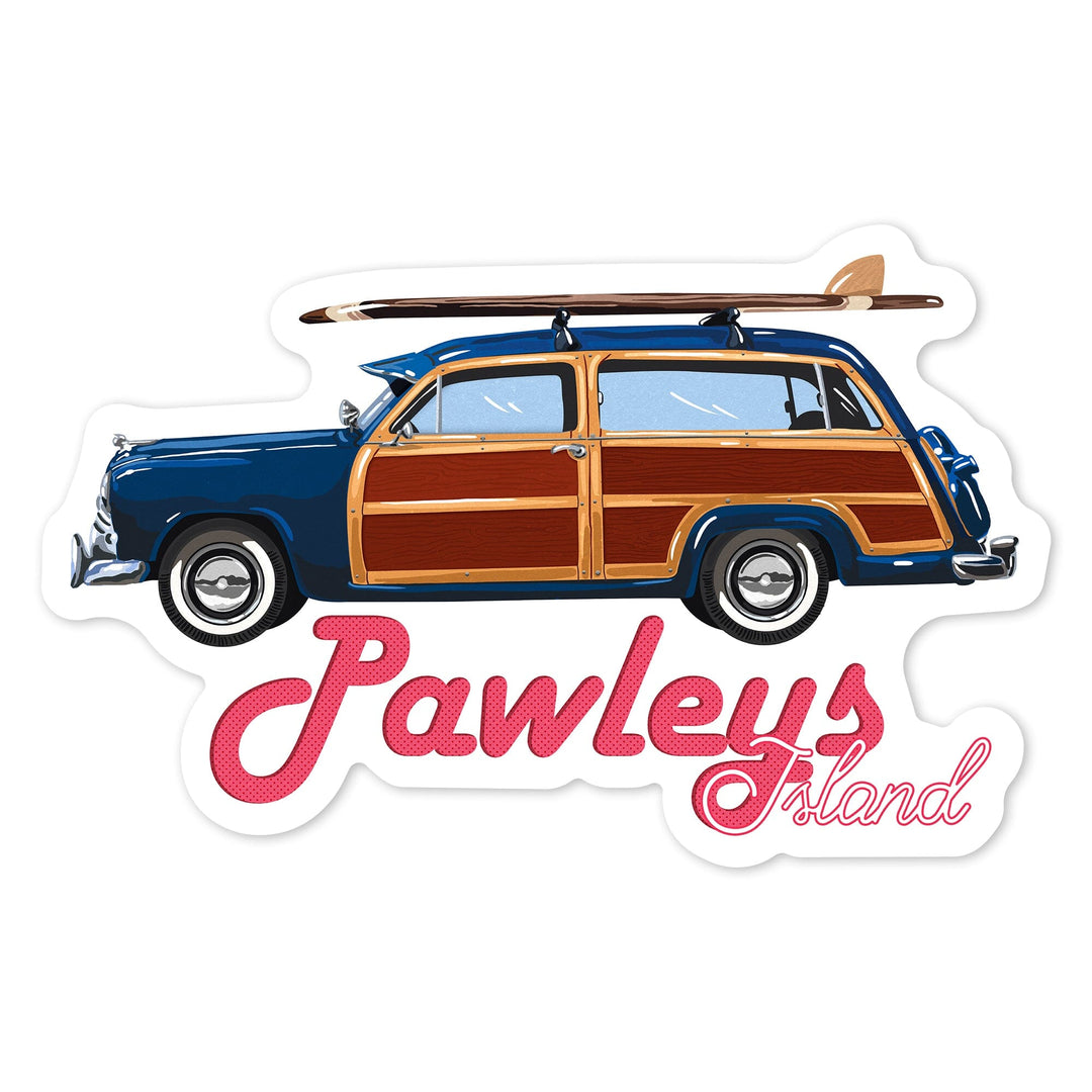 Pawleys Island, Retro Woody & Surfboard, Contour, Lantern Press Artwork, Vinyl Sticker Sticker Lantern Press 