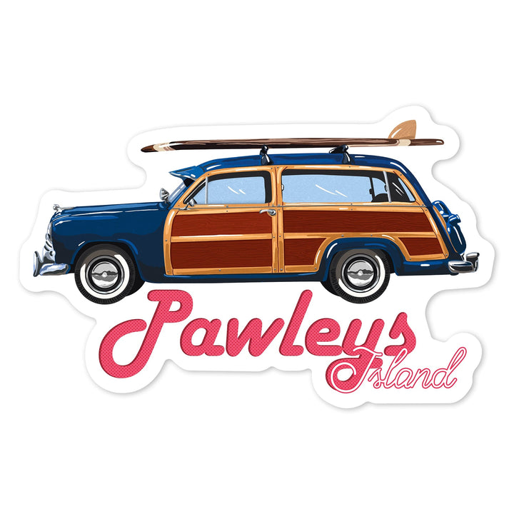 Pawleys Island, Retro Woody & Surfboard, Contour, Lantern Press Artwork, Vinyl Sticker Sticker Lantern Press 