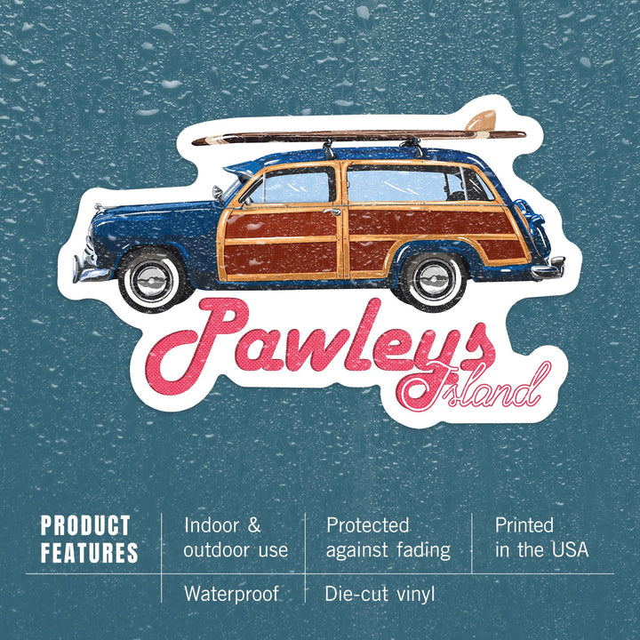 Pawleys Island, Retro Woody & Surfboard, Contour, Lantern Press Artwork, Vinyl Sticker Sticker Lantern Press 