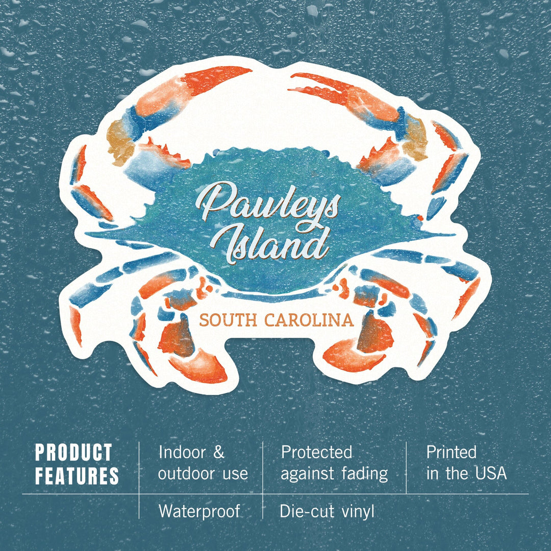 Pawleys Island, South Carolina, Blue Crab, Watercolor, Contour, Vinyl Sticker Sticker Lantern Press 
