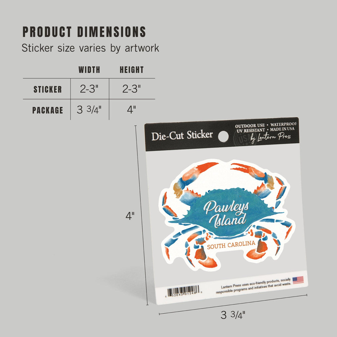 Pawleys Island, South Carolina, Blue Crab, Watercolor, Contour, Vinyl Sticker Sticker Lantern Press 