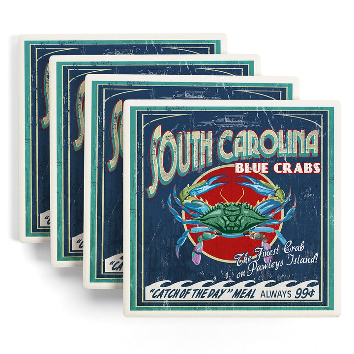 Pawleys Island, South Carolina, Blue Crabs Vintage Sign, Coasters Coasters Lantern Press 