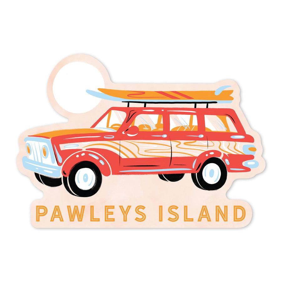 Pawleys Island, South Carolina, Secret Surf Spot Collection, Woody Wagon and Surfboards, Contour, Lantern Press Artwork, Vinyl Sticker Sticker Lantern Press 