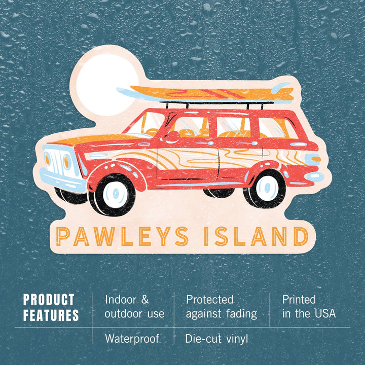 Pawleys Island, South Carolina, Secret Surf Spot Collection, Woody Wagon and Surfboards, Contour, Lantern Press Artwork, Vinyl Sticker Sticker Lantern Press 