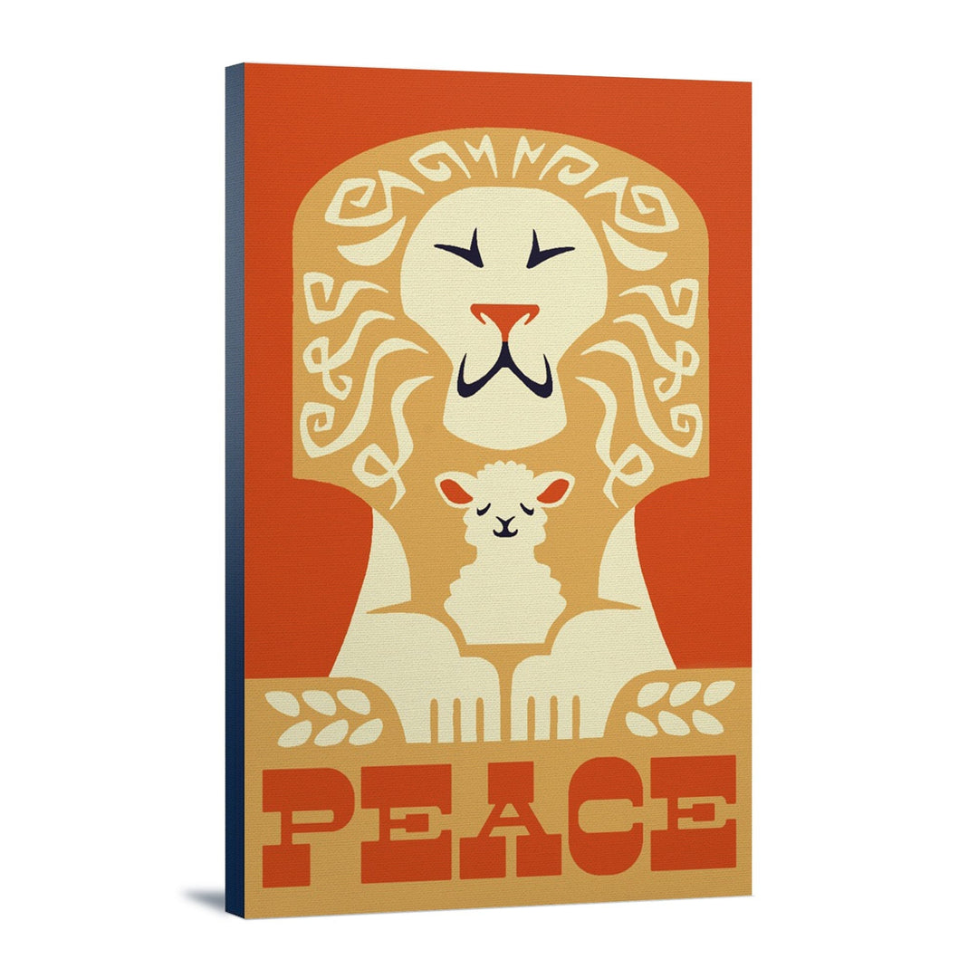 Peace on Earth, Lion, Retro Christmas, Lantern Press Artwork, Stretched Canvas Canvas Lantern Press 12x18 Stretched Canvas 