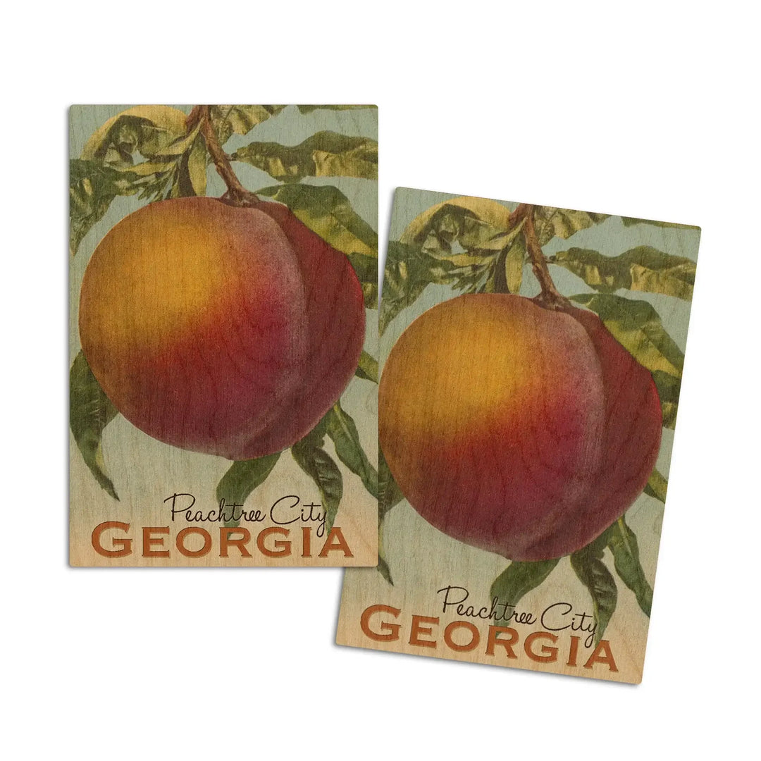 Peachtree City, Georgia, Georgia Peach, Vintage Lithograph, Wood Signs and Postcards Wood Lantern Press 4x6 Wood Postcard Set 