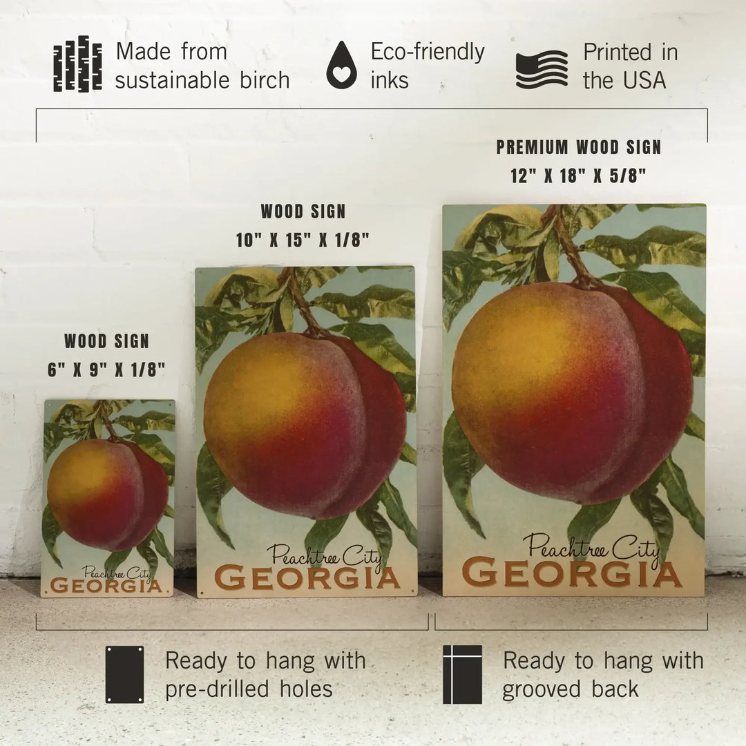 Peachtree City, Georgia, Georgia Peach, Vintage Lithograph, Wood Signs and Postcards Wood Lantern Press 