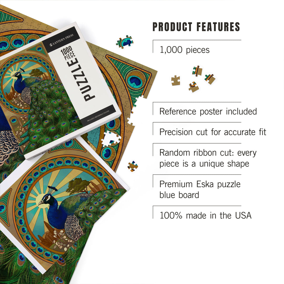 Peacock, Art Nouveau, Jigsaw Puzzle Puzzle Lantern Press 