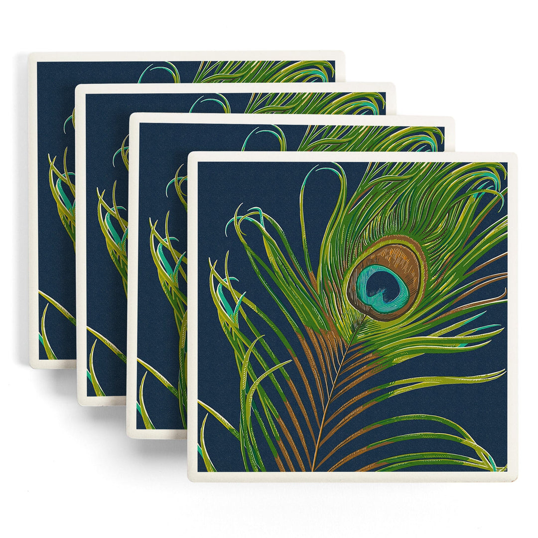 Peacock Feather, Letterpress, Lantern Press Artwork, Coaster Set Coasters Lantern Press 