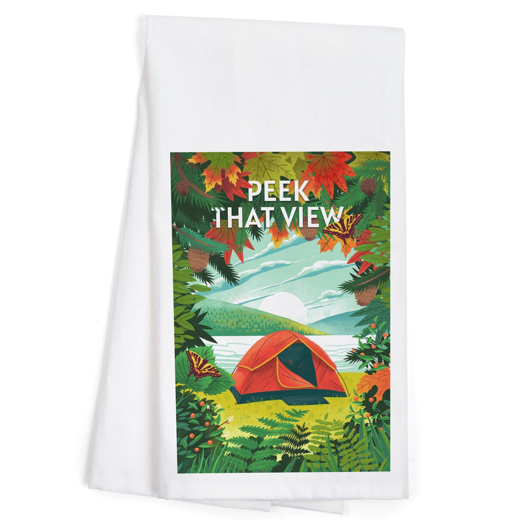 Peek That View, Tent Camping, Fall Colors, Organic Cotton Kitchen Tea Towels Kitchen Lantern Press 