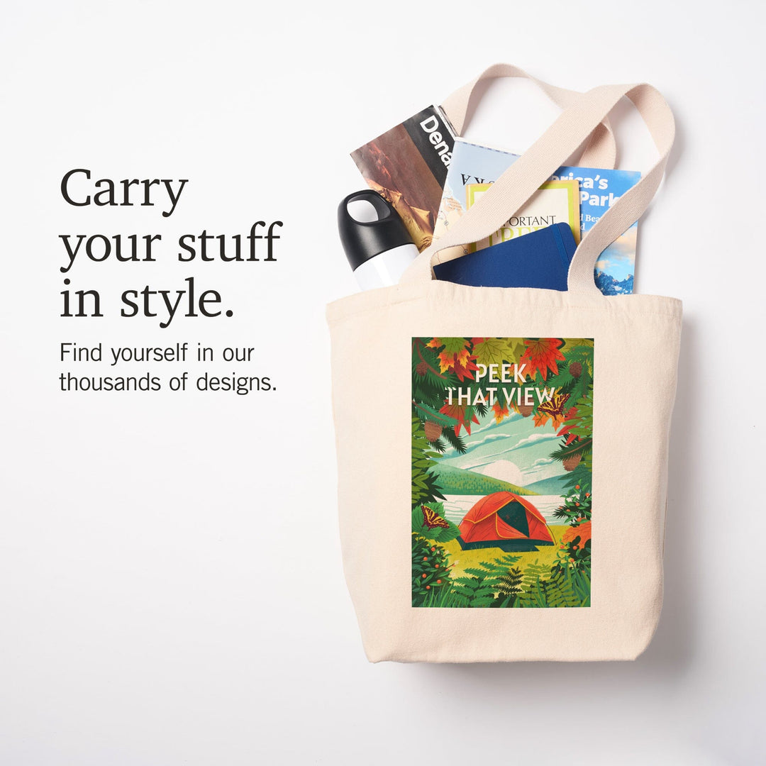 Peek That View, Tent Camping, Fall Colors, Tote Bag Totes Lantern Press 