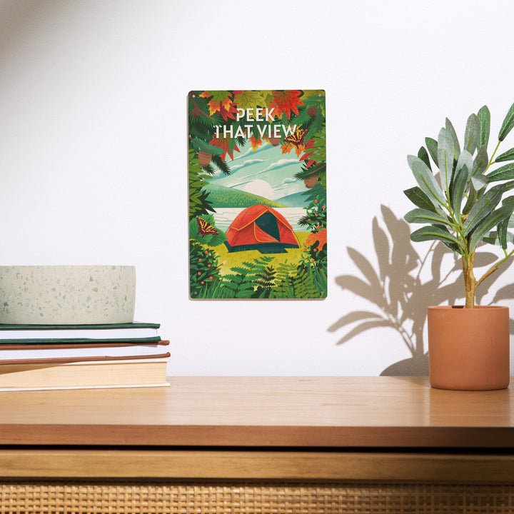 Peek That View, Tent Camping, Fall Colors, Wood Signs and Postcards Wood Lantern Press 