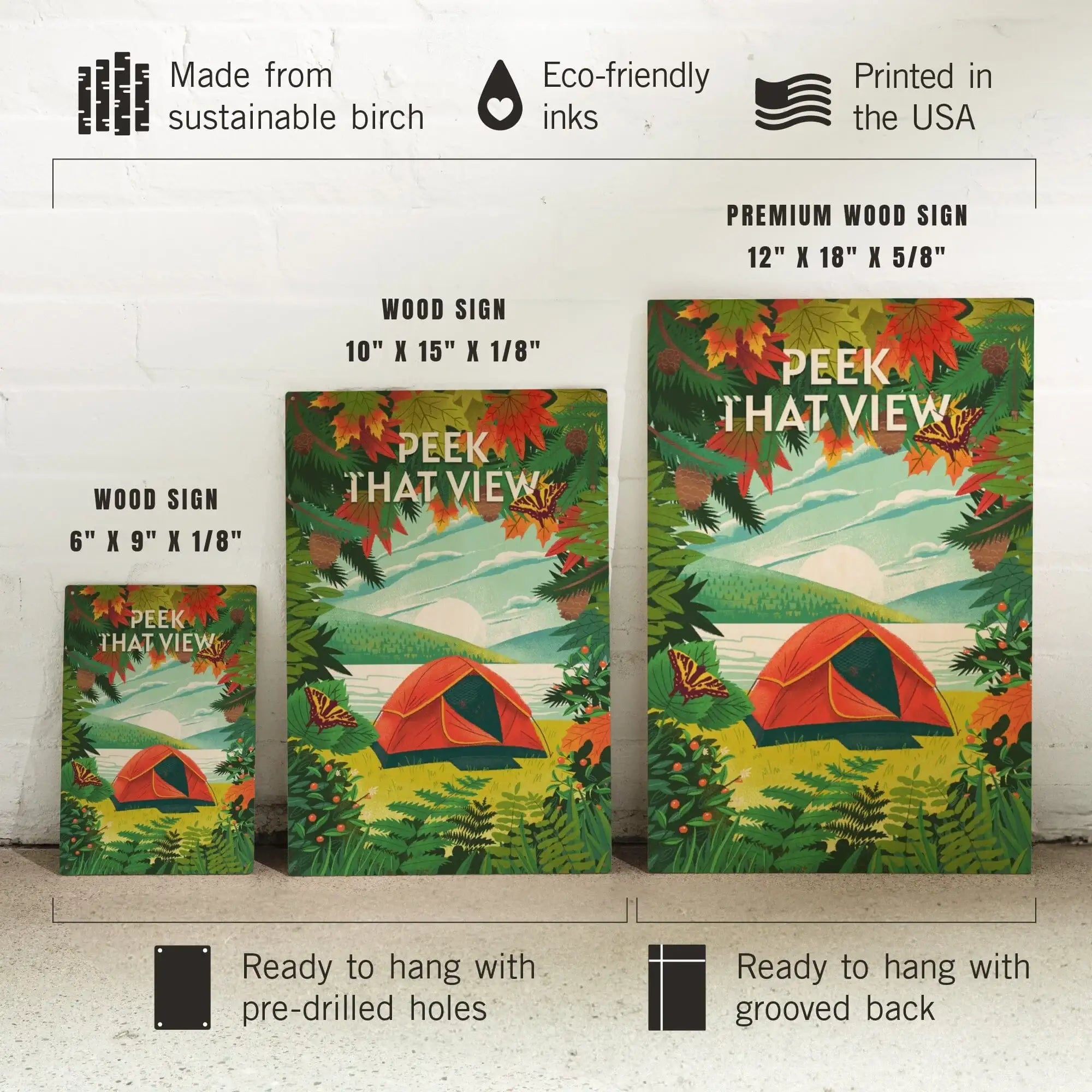 Peek That View, Tent Camping, Fall Colors wood signs and postcards