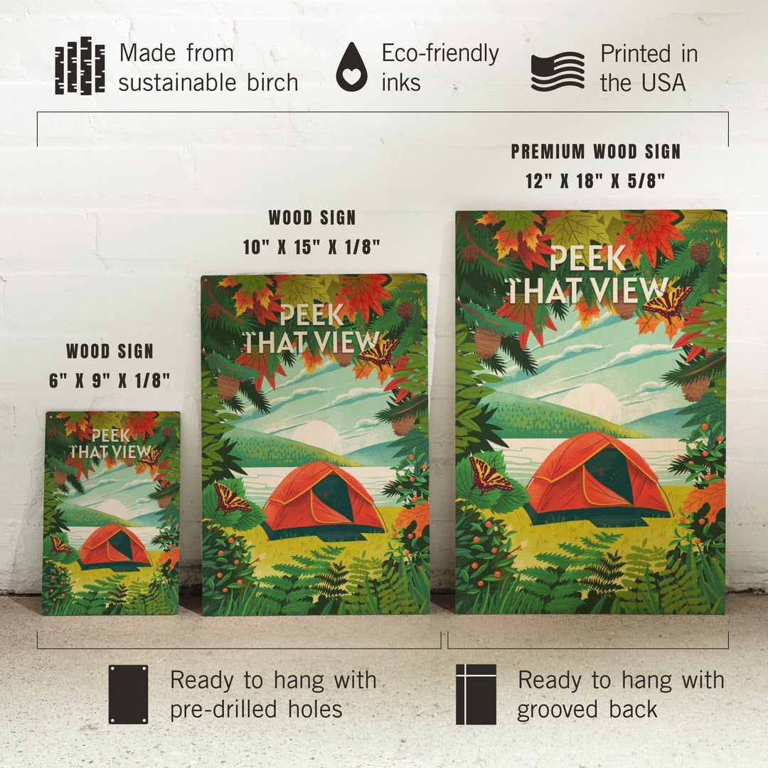 Peek That View, Tent Camping, Fall Colors, Wood Signs and Postcards Wood Lantern Press 