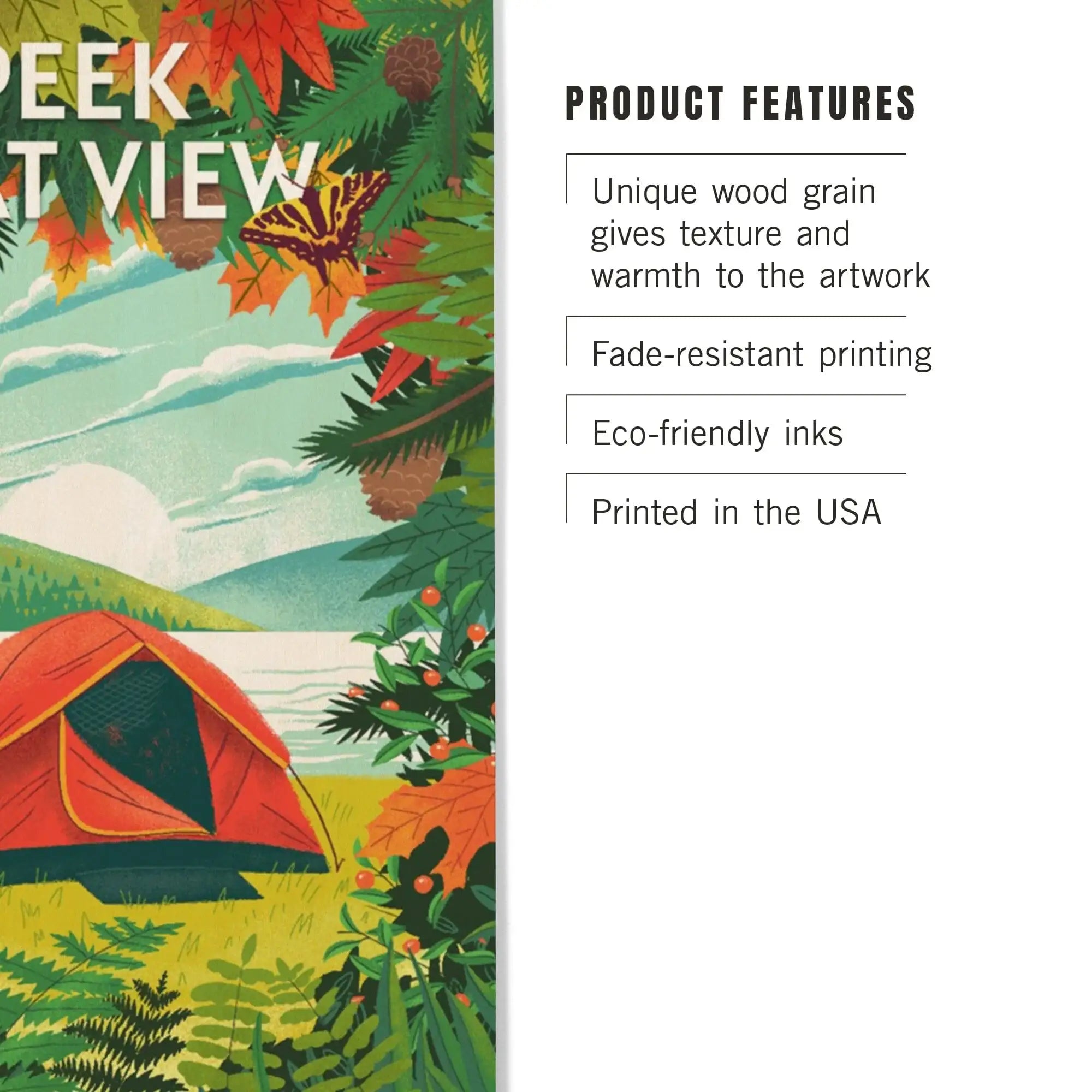 Peek That View, Tent Camping, Fall Colors wood signs and postcards