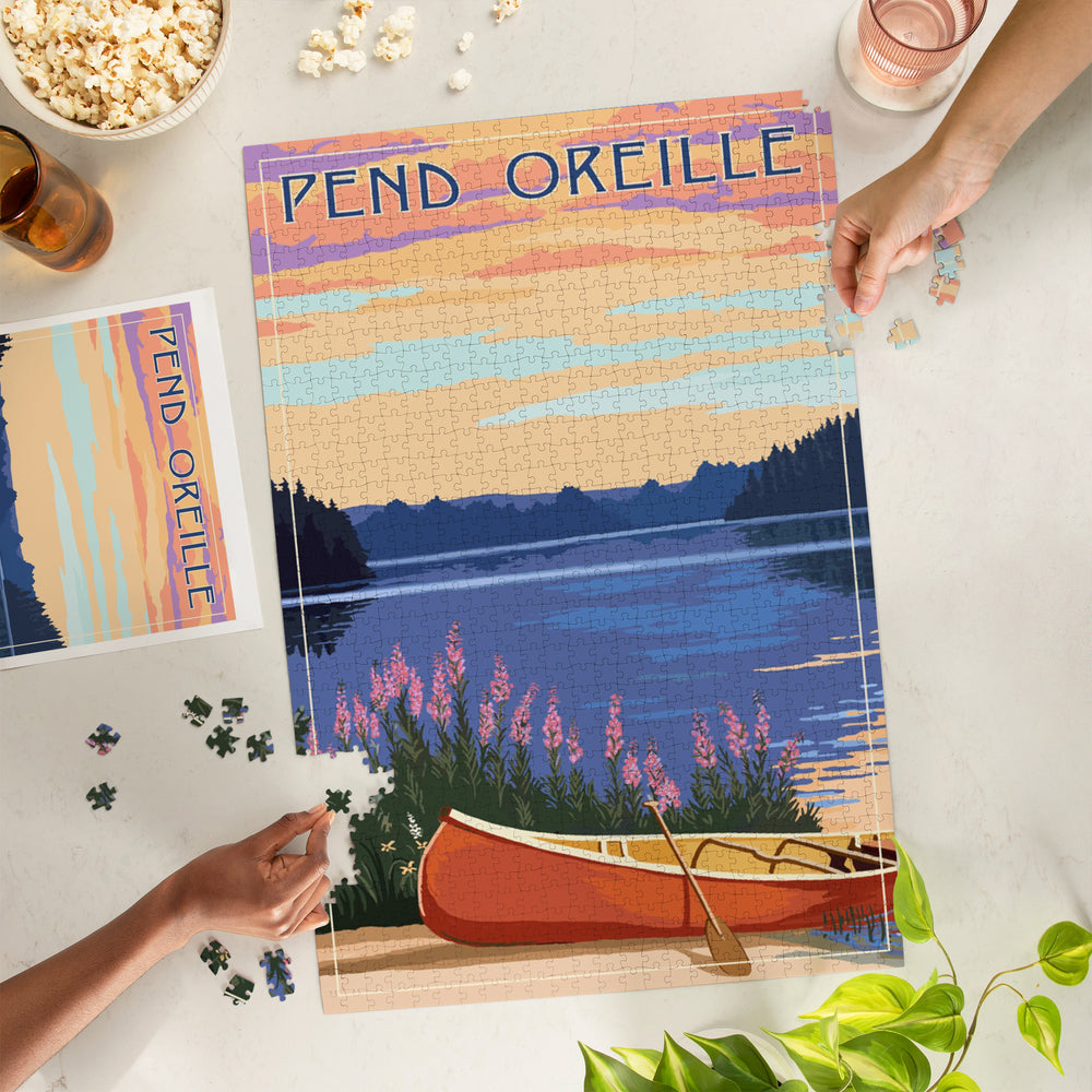 Pend Oreille, Idaho, Canoe and Lake, Jigsaw Puzzle Puzzle Lantern Press 