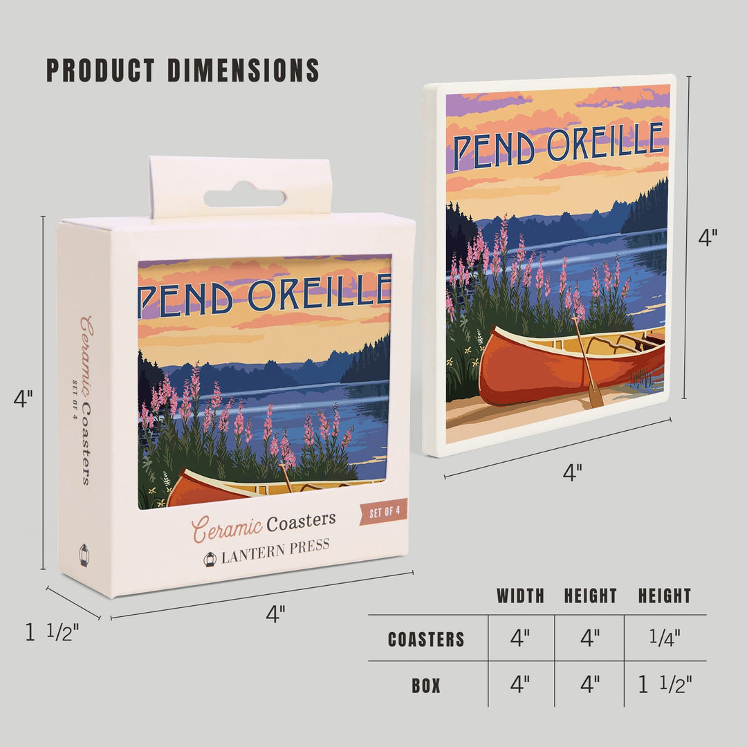 Pend Oreille, Idaho, Canoe & Lake, Lantern Press Artwork, Coaster Set Coasters Lantern Press 