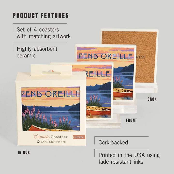 Pend Oreille, Idaho, Canoe & Lake, Lantern Press Artwork, Coaster Set Coasters Lantern Press 