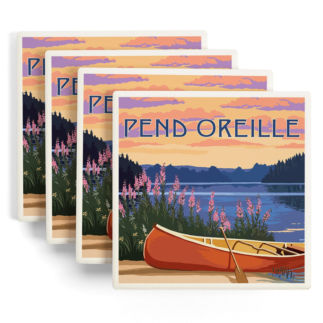 Pend Oreille, Idaho, Canoe & Lake, Lantern Press Artwork, Coaster Set Coasters Lantern Press 