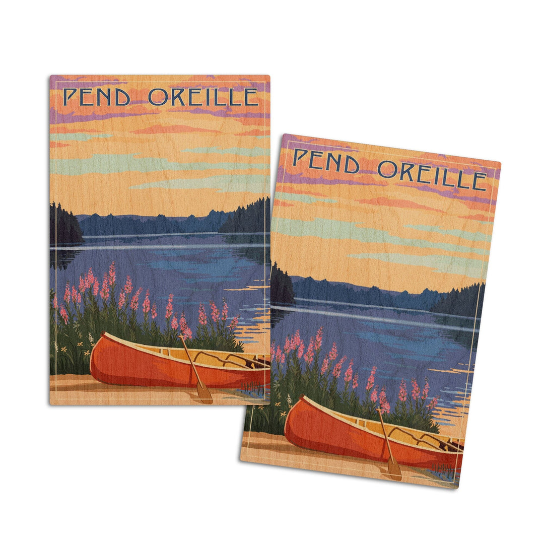 Pend Oreille, Idaho, Canoe & Lake, Lantern Press Artwork, Wood Signs and Postcards Wood Lantern Press 4x6 Wood Postcard Set 