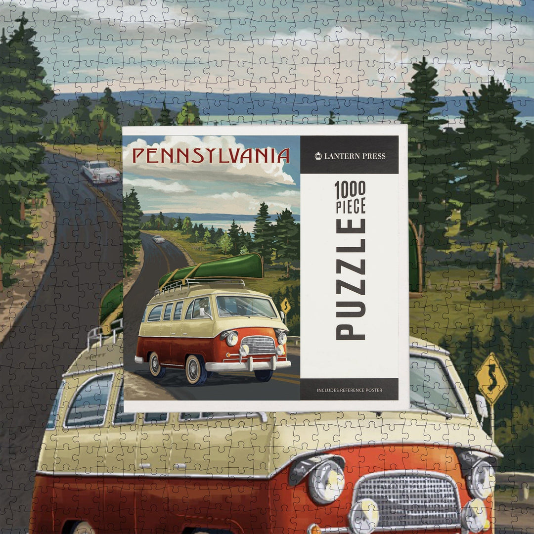 Pennsylvania, Camper Van and Lake, Jigsaw Puzzle Puzzle Lantern Press 