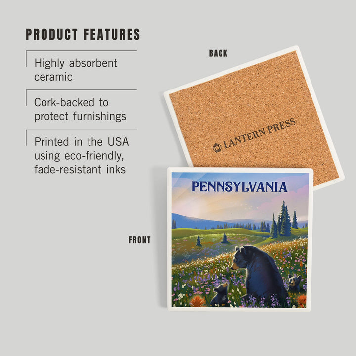 Pennsylvania, Lithograph, Bear Family in Field, Coasters Coasters Lantern Press 