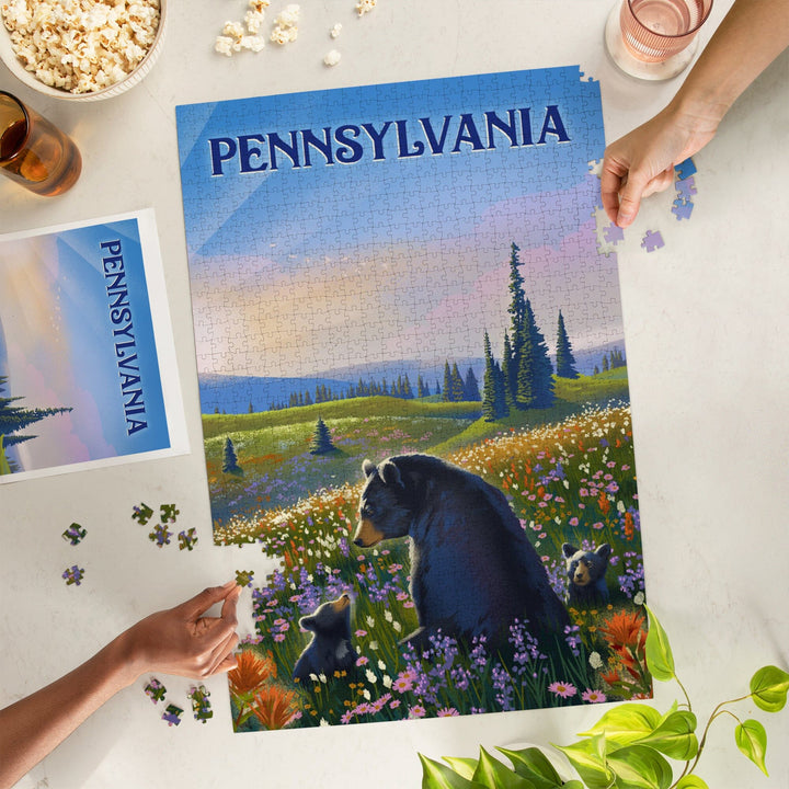 Pennsylvania, Lithograph, Bear Family in Field, Jigsaw Puzzle Puzzle Lantern Press 
