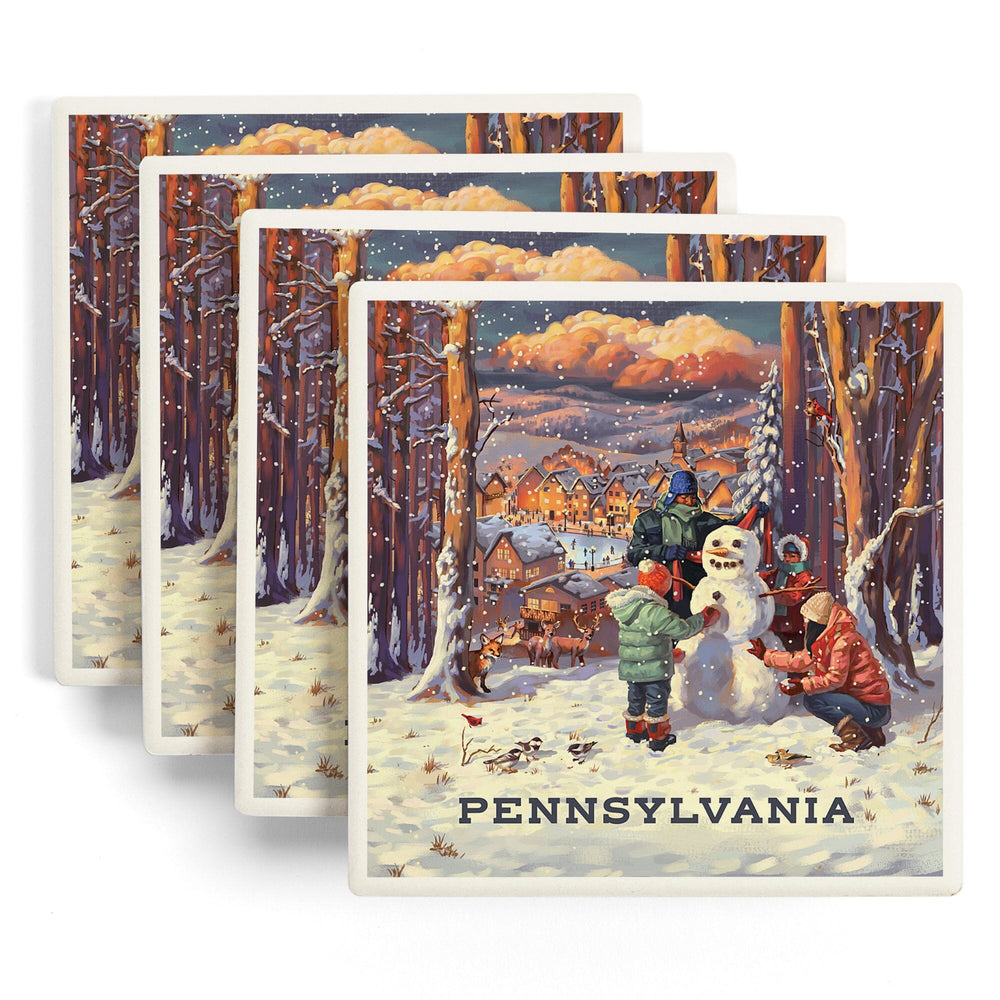 Pennsylvania, Merry and Bright, Vintage Snowman, Coasters Coasters Lantern Press 