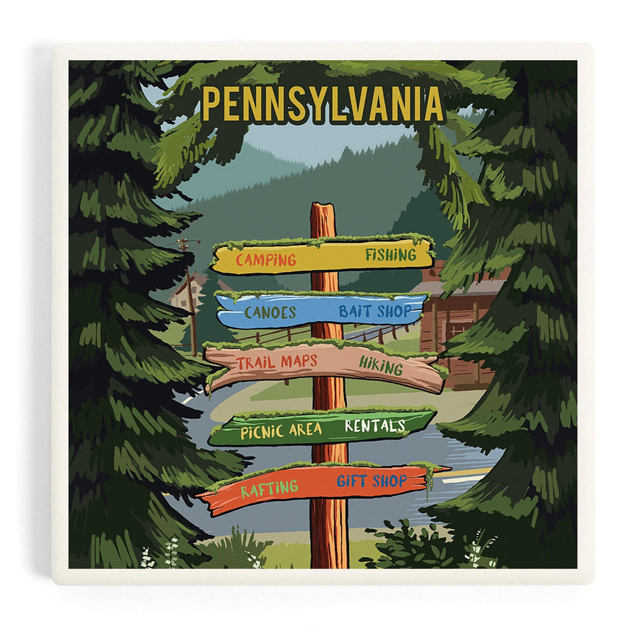 Pennsylvania, Signpost, Forest and Camp, Coasters Coasters Lantern Press 