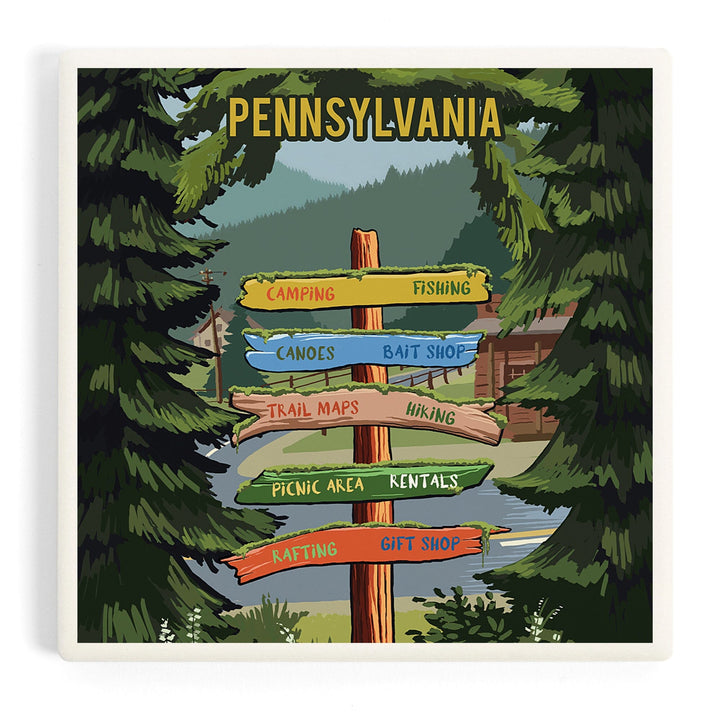 Pennsylvania, Signpost, Forest and Camp, Coasters Coasters Lantern Press Coaster 