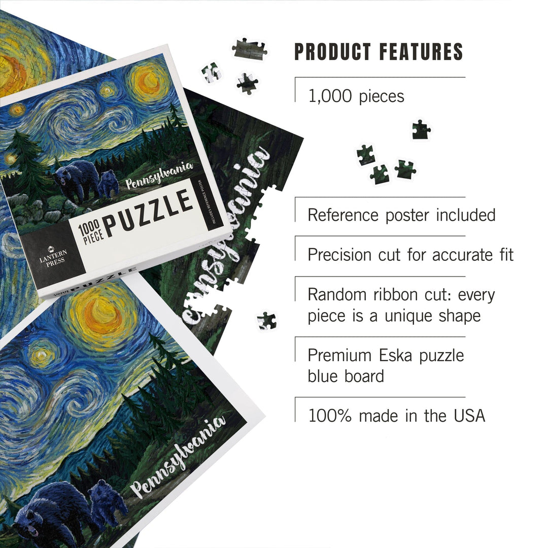 Pennsylvania, Starry Night, Bear and Cub, Jigsaw Puzzle Puzzle Lantern Press 